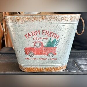 Farm Fresh Rustic Metal Bucket with Red Truck Design